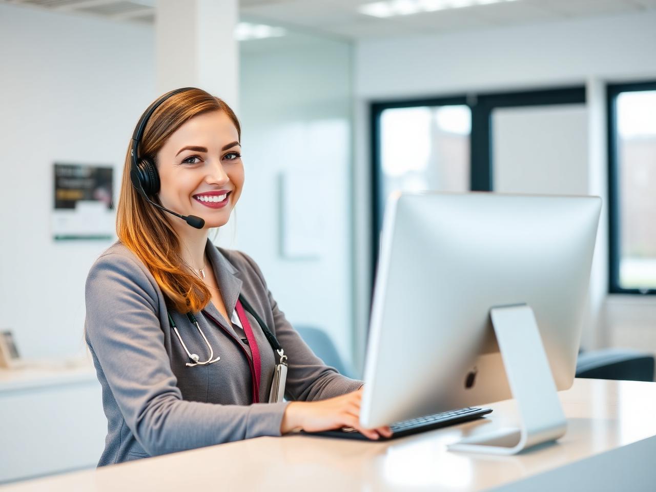 A receptionist helping people at a healthcare reception desk