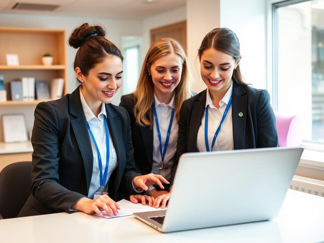 Office colleagues reviewing information together at a laptop